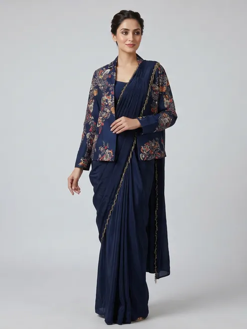 Navy blue dola silk designer ready to wear saree with jacket style