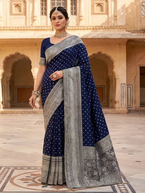 Navy blue dola silk saree with stone zari butti