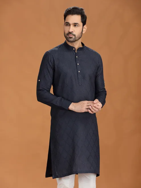 Navy blue embroidered linen kurta pant set