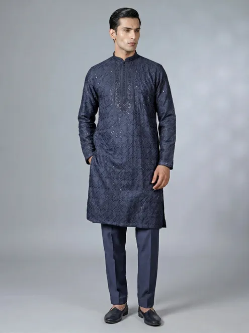 Navy blue emrodered kurta pajama for reception