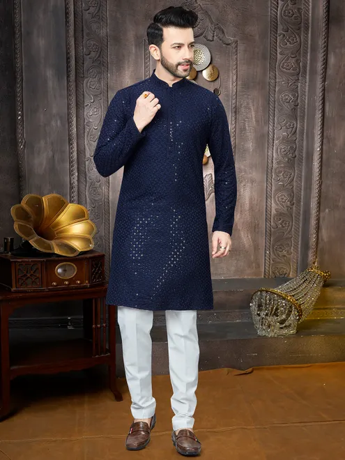 Navy blue georgette sequins kurta suit for men