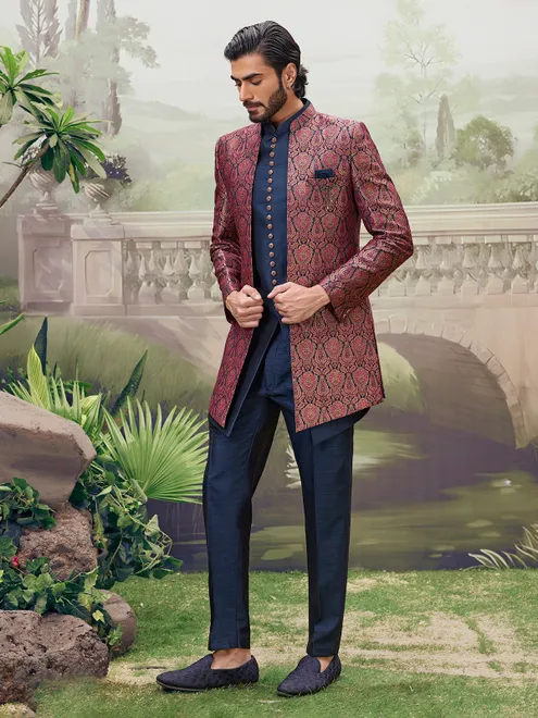 Navy blue indo western with zari detailing