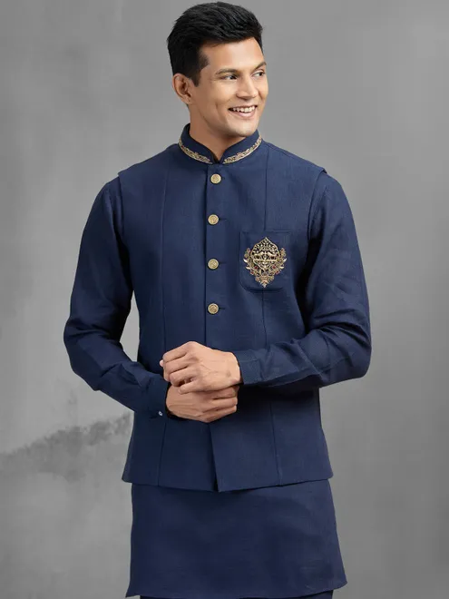Navy blue linen crest motif embroidered waistcoat set