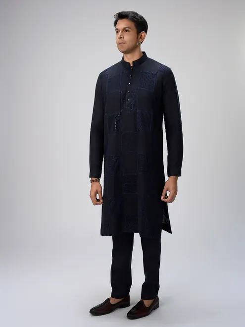 Navy blue festive linen kurta pajama ensemble