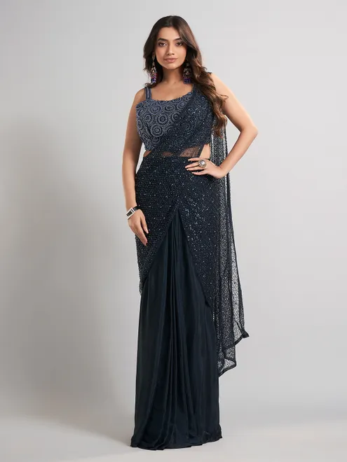 Navy blue party wear saree in lycra andnet with glam detailing