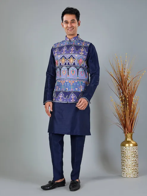 Navy blue printed silk and viscose waistcoat set