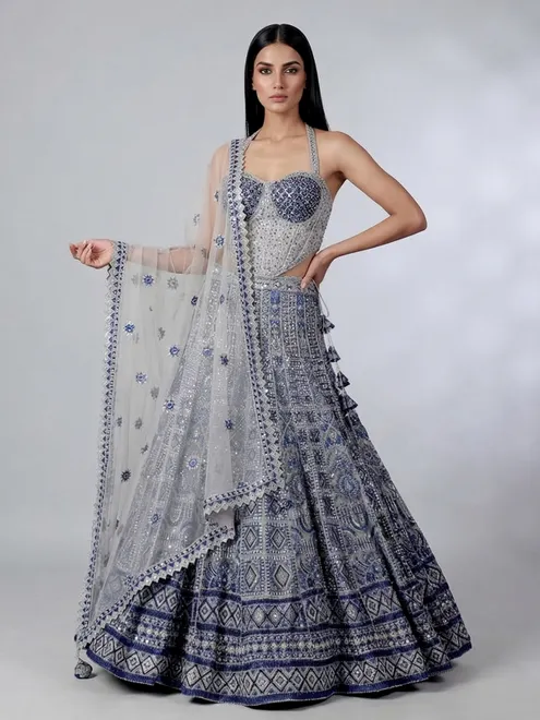 Navy blue reception wear net lehenga choli for bride