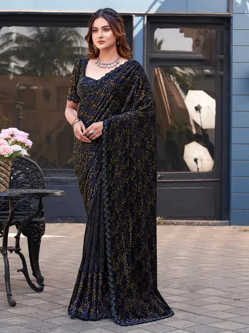 Navy blue saree in velvet with sparkle finish