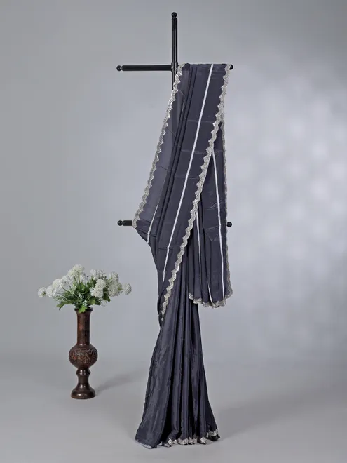 Navy blue satin silk party wear saree