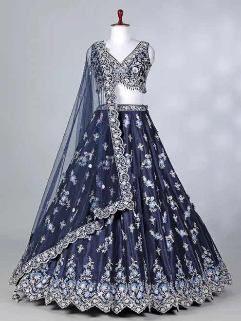 Navy blue satin silk stone work lehenga choli