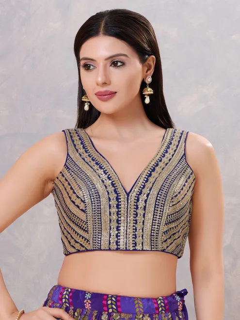 Navy blue sequin V neck designer blouse