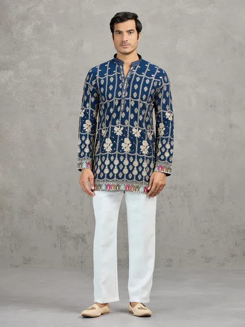 Navy blue short silk embroidered festive kurta suit