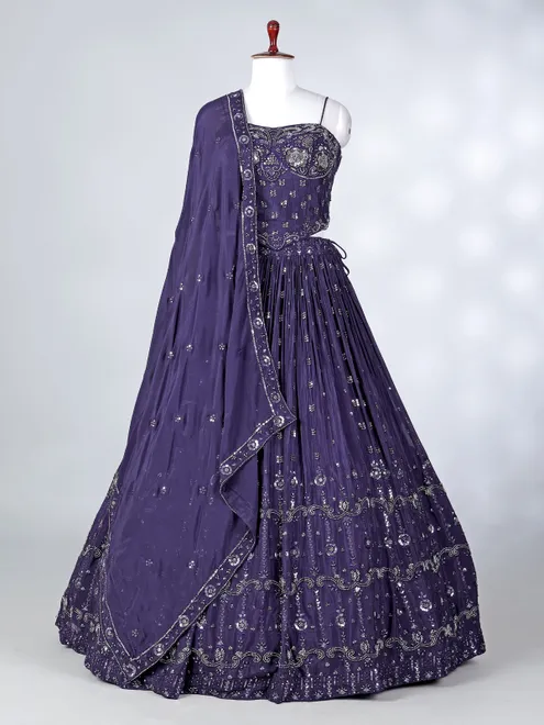 Navy blue silk embroidered cutdana lehenga choli