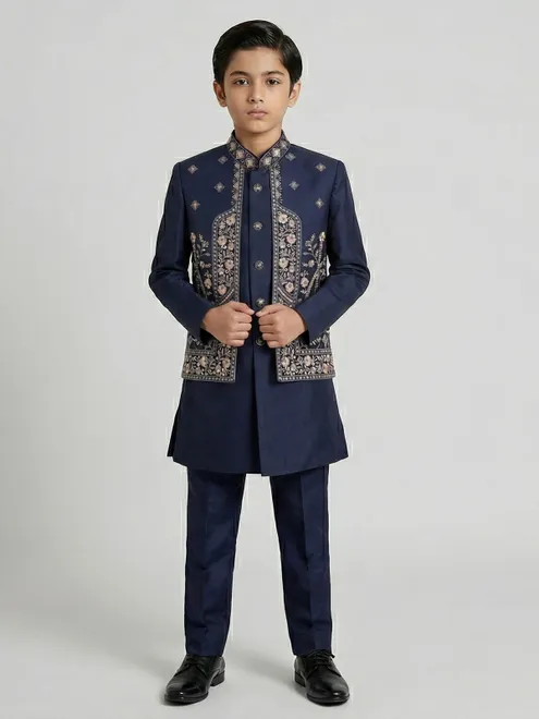Navy blue silk embroidered festive wear indowestern