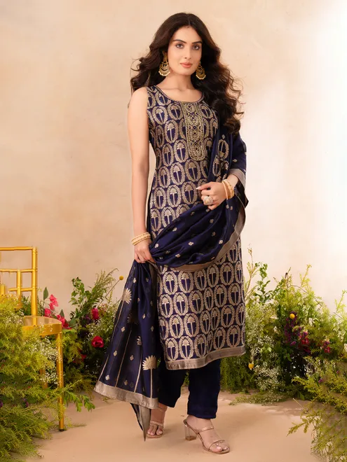 Navy blue silk festive wear elegant salwar suit