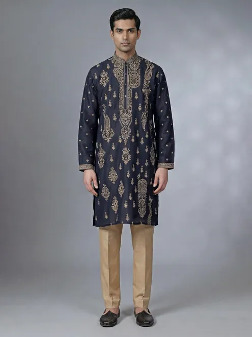 Navy blue silk kurta suit with thread detaling