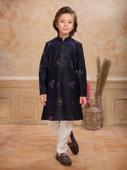 Navy blue silk kurta with sequins work