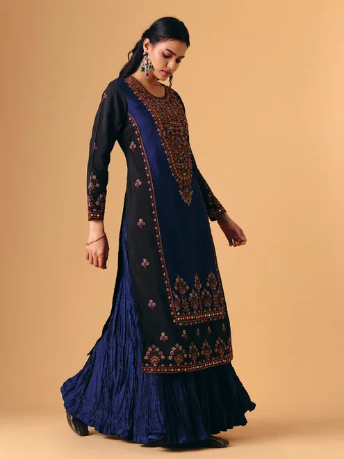 Navy blue silk round neck lehenga suit