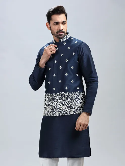 Navy blue silk waistcoat set for men