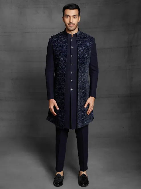 Navy blue terry rayon wedding wear indo western
