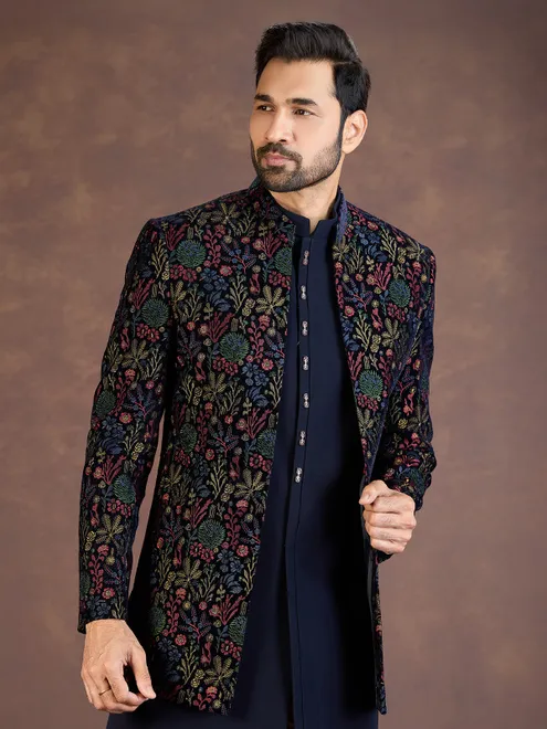 Navy blue velvet Indo western jacket set with embroidery