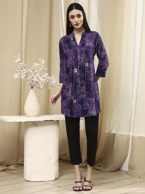 Navy blue viscose rayon printed short kurti