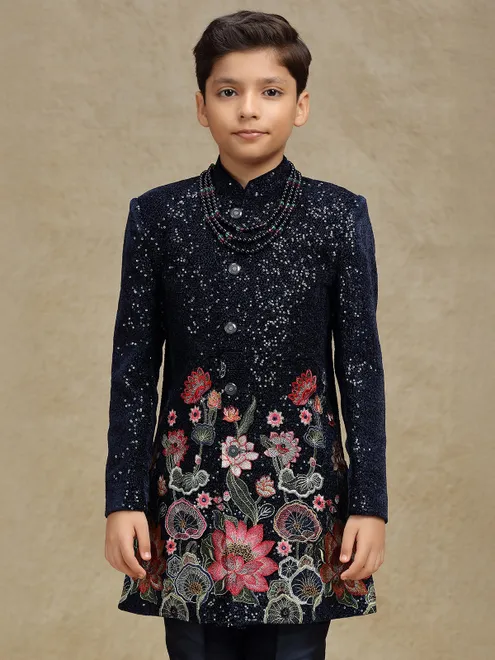 Navy boys indo western set in velvet