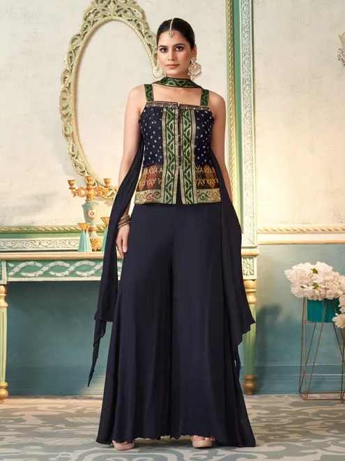 Navy chiffon palazzo suit with zari weaving for festive