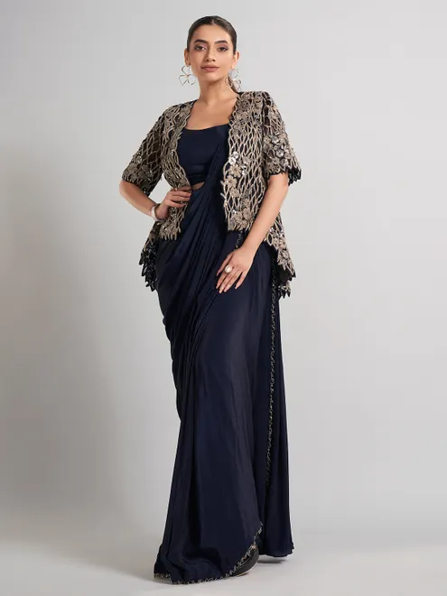 Navy chinon silk ready-to-wear saree with festive sparkle