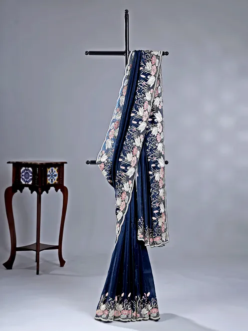 Navy chinon silk saree for reception look