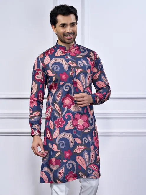 Navy cotton festival wear printed kurta suit