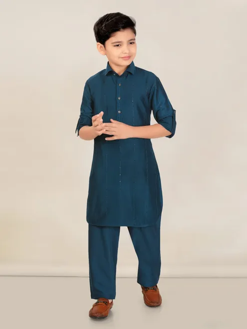 Navy cotton silk boys pathani suit festive