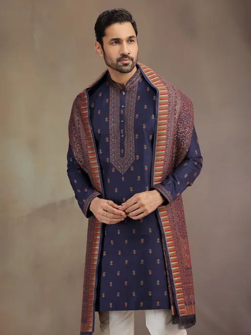 Navy cotton silk kurta pajama with dupatta