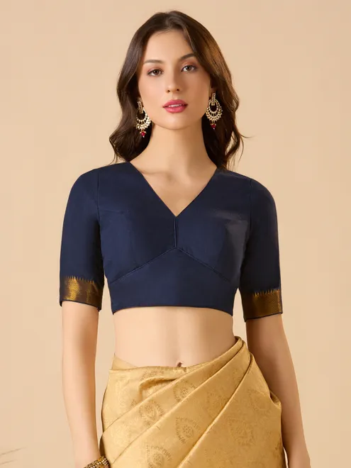Navy cotton solid blouse with V neck and elbow sleeves