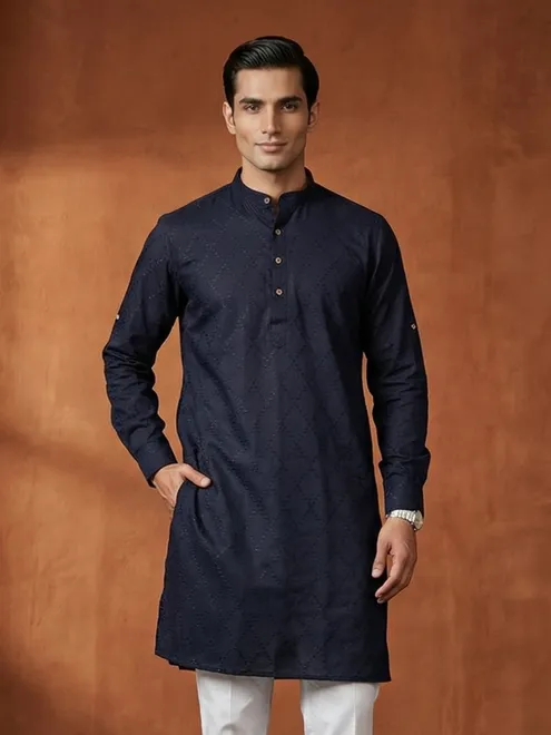 Navy cotton thread work festive wear kurta
