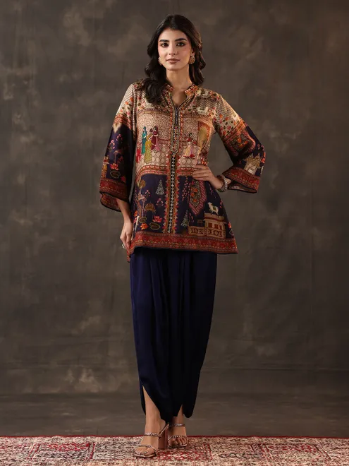 Navy crepe silk printed dhoti style festive suit