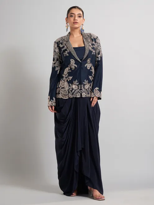 Navy designer jacket style indo western ensemble