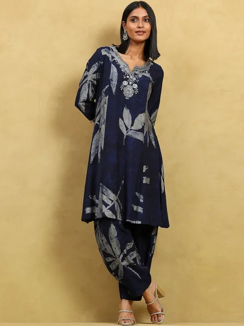 Navy festive wear kurti set with print
