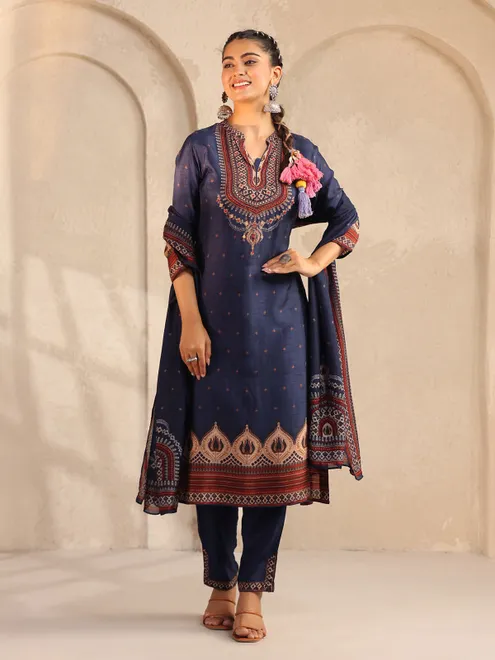 Navy festive wear silk salwar suit with print