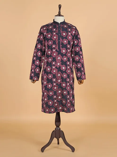 Navy floral printed cotton kurta pajama