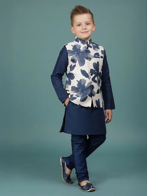Navy floral printed cotton silk waistcoat set