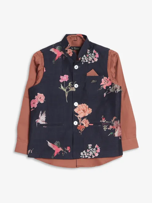 Navy floral printed silk waistcoat with shirt