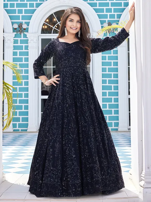 Navy georgette sequins gown