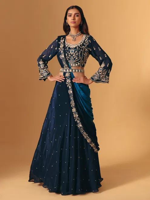 Navy georgette zardosi designer full sleeve lehenga choli