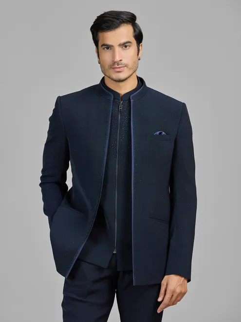 Navy jacket style jodhpuri suit in terry rayon
