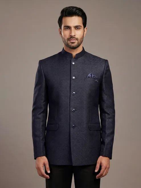 Navy jacquard textured Jodhpuri blazer for men