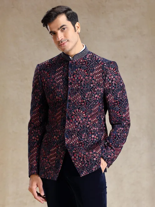 Navy jodhpuri suit in multi color embroidery