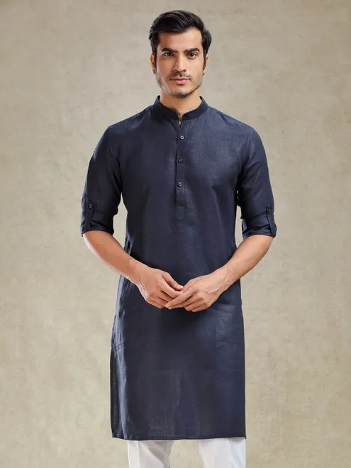 Navy linen kurta for festive wear for mens