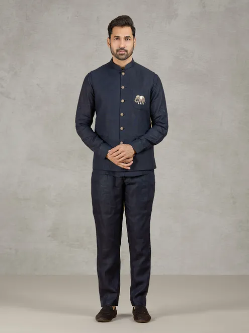Navy linen waistcoat set with embroidered elephant crest
