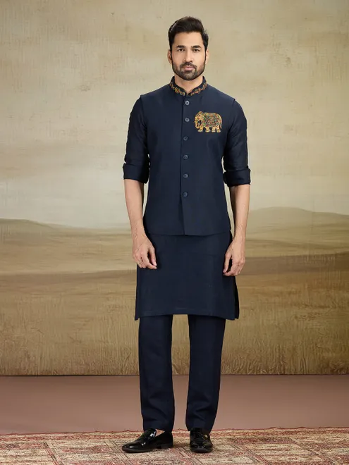 Navy linen waistcoat set with embroidery work